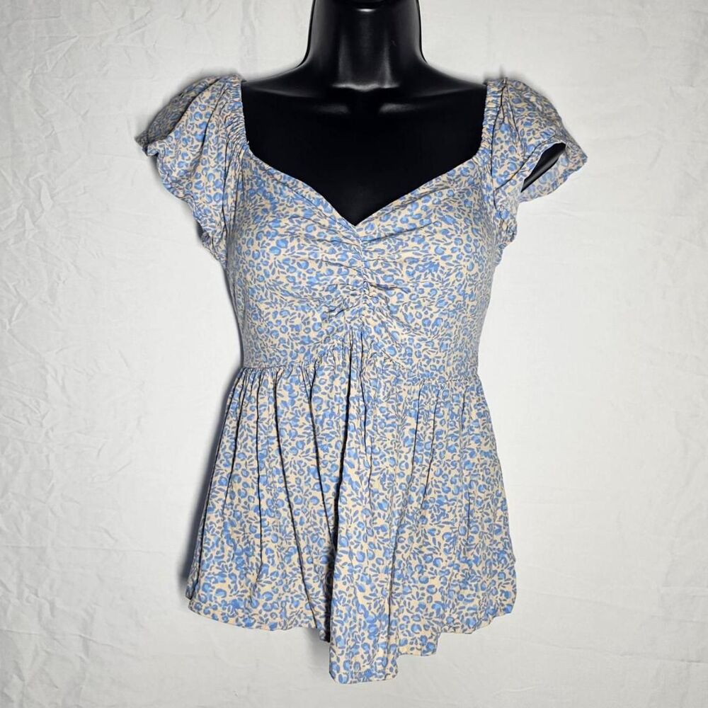 blue yellow floral babydoll sweetheart neckline top